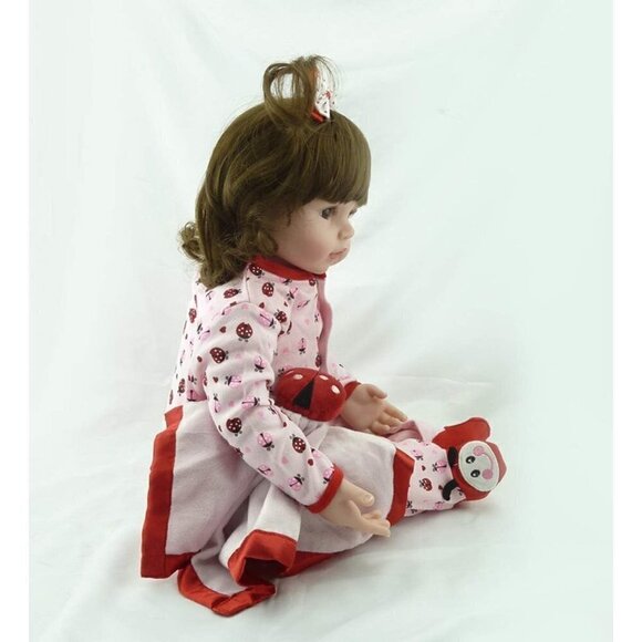 Baby Girl Doll Silicone Vinyl Long Curly Hair Stuffed Cloth Body Reborn Newborn - Picture 4 of 7